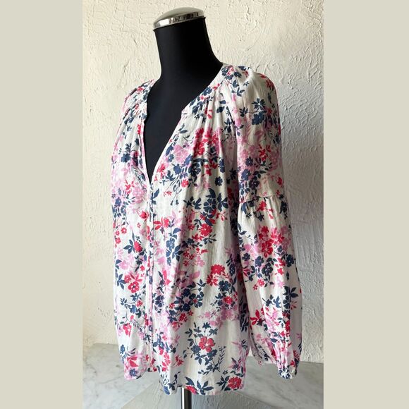Gap Peasant Blouse Floral White Pink Red Blue V-Neck Pullover Top - Women's M - Picture 1 of 7
